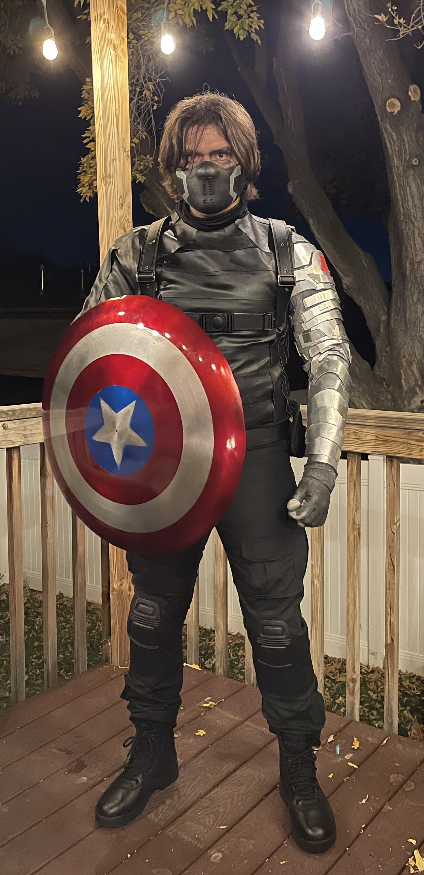 Stephen Dressed as the Winter Soldier holding Captain America's shield