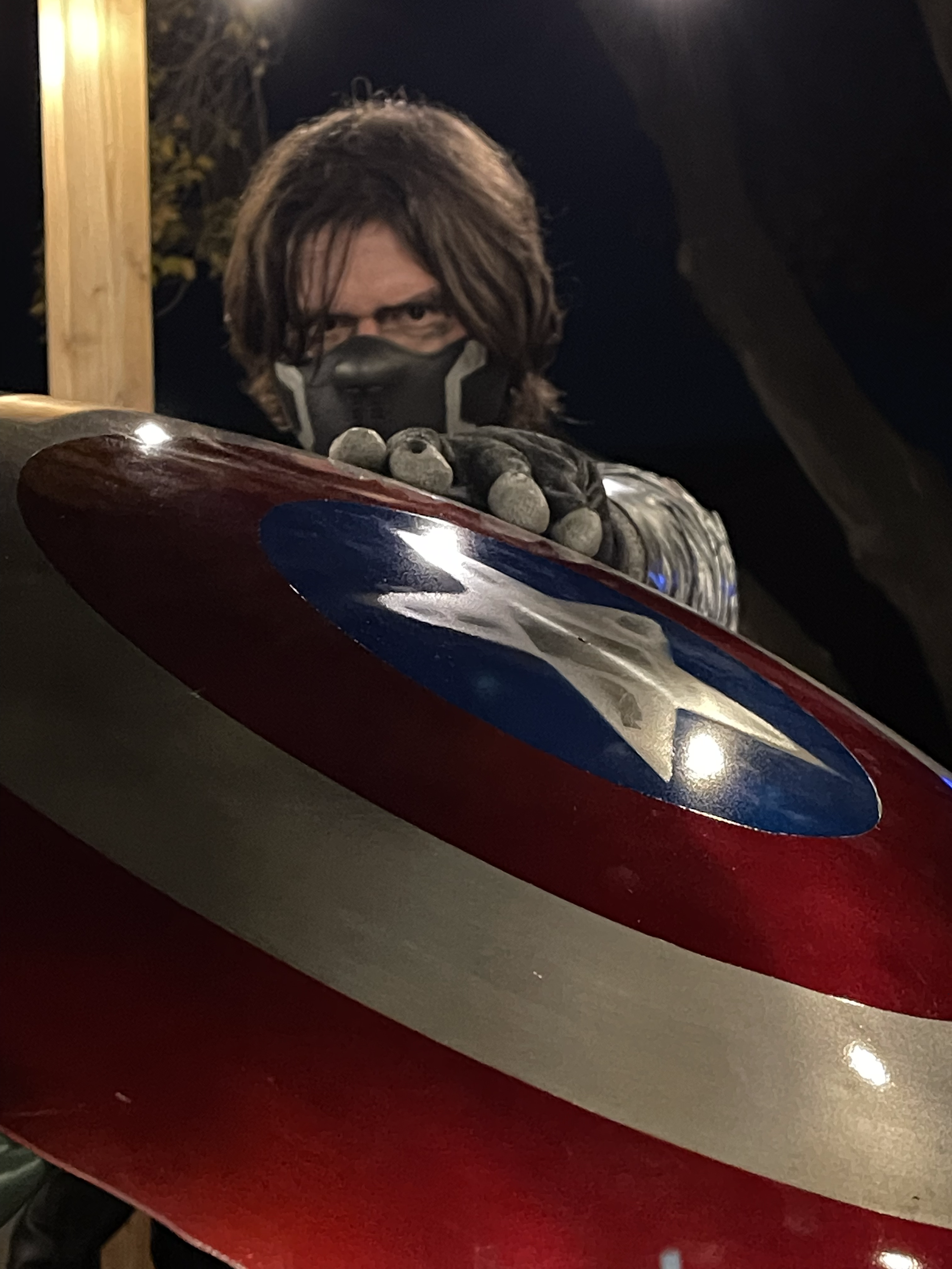Stephen Dressed up as the Winter Soldier Holding Captain America's Shield