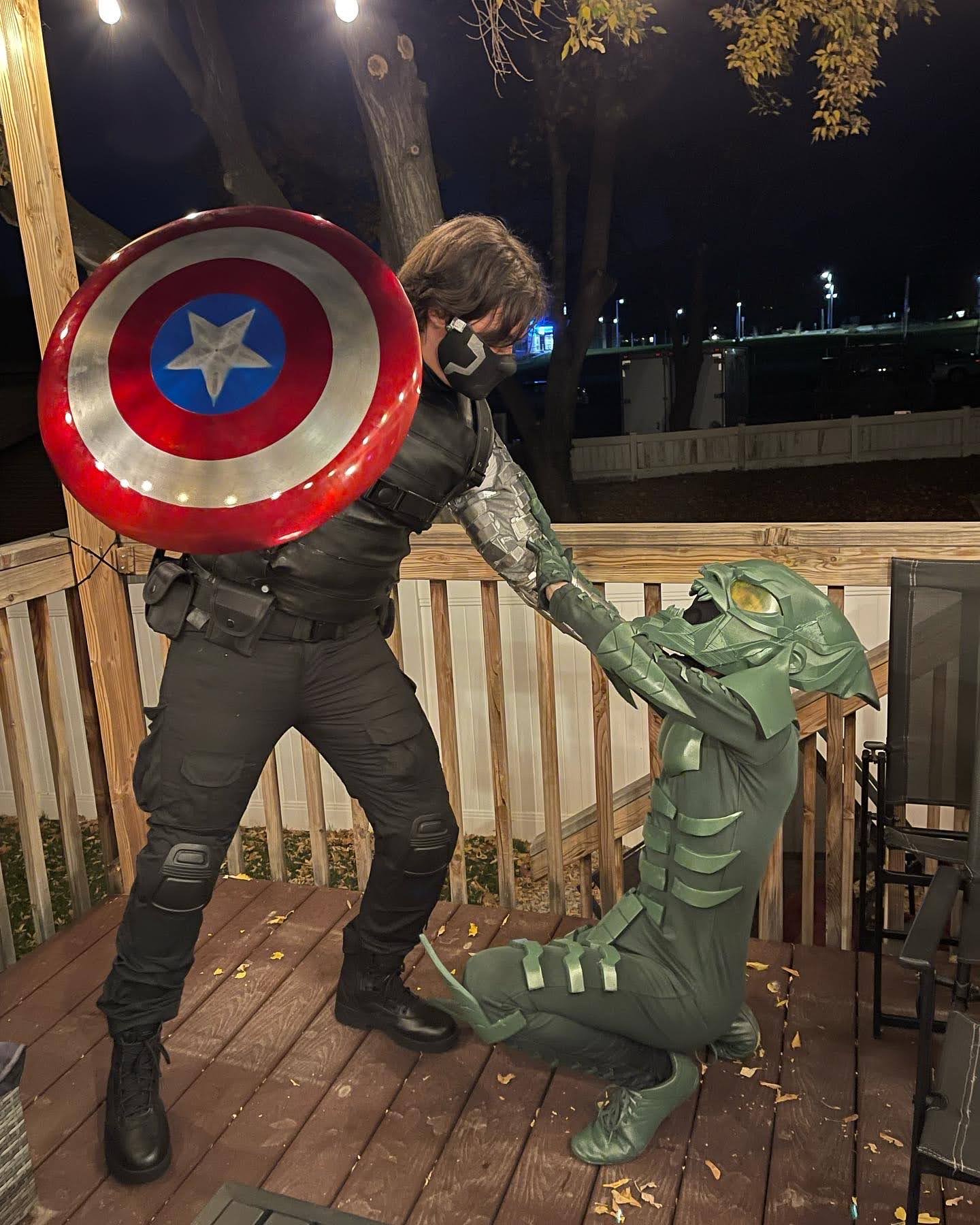 Stephen Dressed up as The Winter Soldier Fighting the Green Goblin